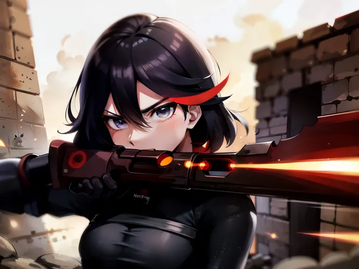 caricature of a woman with a gun and a brick wall, Anime machine-gun fire, breaking down walls, Attacking posture, Hamsters with rifles in their hands, trigger anime art style, anime style, girls in front style, with a rifle, anime style like fate/stay the...