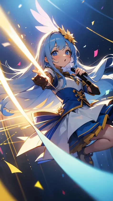 (muste piece), (best quality), very detailed, ((1 girl)), solo focus，angle，dynamic，jump，((happy face))，perfect face, beautiful face, very detailedな顔，(Light blue long hair_blue eyes:1.3)，idol costume，Solo Idol，Ribbon hair ornament，concert dome，live，have a m...