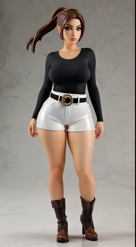 1girl, 30 years old, mature, brown hair, ponytail, (topless:1.1), (hotpants and belt:1.4), boots, as pvc figure, looking at viewer, perfect hands, medium sagging breast, navel, belly button, (Thick body:1.3), ultra realistic digital art, a 3D render, photo...