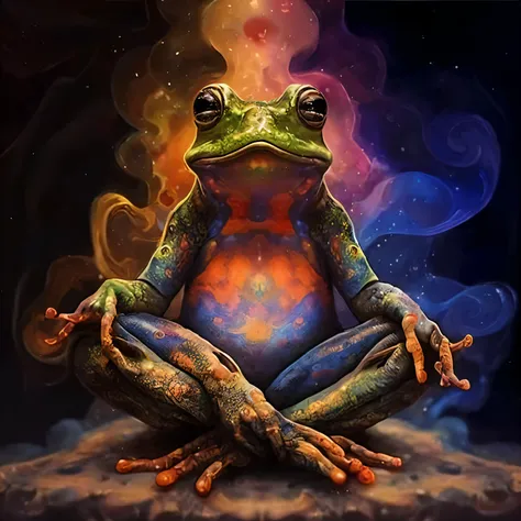 painting of a Sapo sitting in a lotus position with a colorful background, psychedelic Sapo, beautiful Sapo, alien Sapo, artístico 4k, Sapo filósofo o pensador, iluminação tropeçando em dmt, enquanto tropeçava no dmt, clown Sapo king, Sapo, DMT psicodélico...