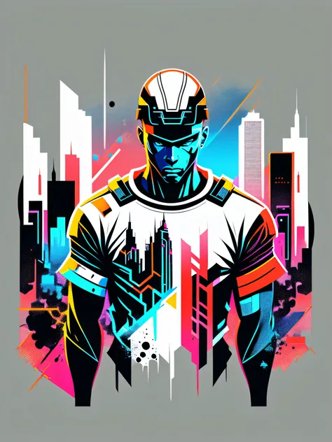 Ready to print vector t-shirt art colorful graffiti illustration of a futuristic soldier, futuristic cyberpunk city background, realistic picture style, image on white background, centered --auto