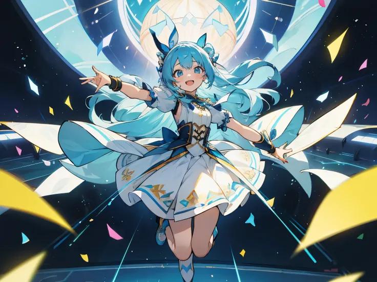 (muste piece), (best quality), very detailed, ((1 girl)), solo full body shot，dynamic，jump，((happy face))，perfect face, beautiful face, very detailedな顔，(Light blue long hair_blue eyes:1.3)，idol costume，Solo Idol，Ribbon hair ornament，concert dome，live，have ...