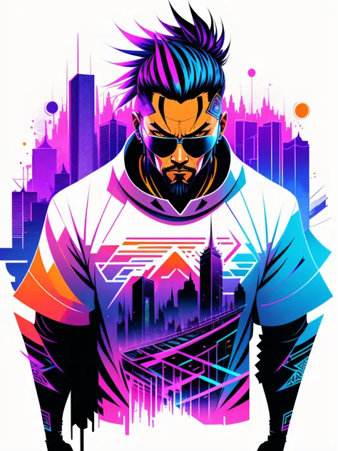 Ready to print t-shirt art vector colorful graffiti illustration of a futuristic cyberpunk Samurai, futuristic cyberpunk city background, realistic picture style, image on white background, centered