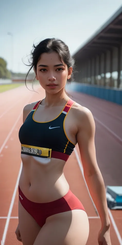 beautiful mature Indian college girl, in track outfit, outside on track field, ((slim, )), photorealistic, photo, masterpiece, realistic, realism, photorealism, high contrast, photorealistic digital art trending on Artstation 8k HD high definition detailed...