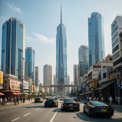 A landscape image of the great city of china, with exotic cars and pedestrian in site, the beautiful skyscrapers, a warm and calm day, a realistic cinematic scene 