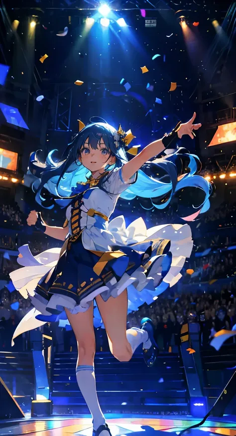 (muste piece), (best quality), very detailed, ((1 girl)), solo full body shot，Low - Angle，dynamic，jump，((happy face))，perfect face, beautiful face, very detailedな顔，(Light blue long hair_blue eyes:1.3)，idol costume，Solo Idol，Ribbon hair ornament，concert dom...