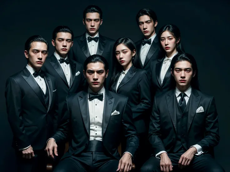 A portrait of a beautiful and handsome family with formal suits standing at night, mafia vibes, menacing expression, closeup, korean face, ultra realistic, black plain background.