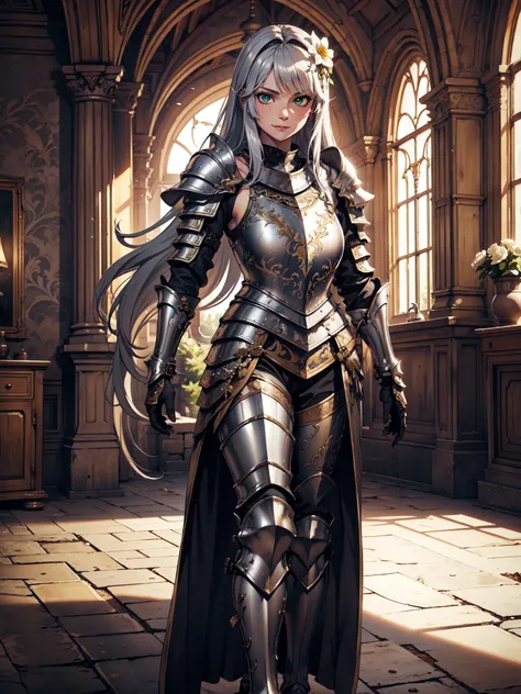 Ultra High Definition, Ultra High Quality, Hyper Definition, Hyper Quality, Hyper Detailed, Extremely Detailed, Perfectly Detailed, 8k, 1 Anime Female, ((Long Silver Hair)), Noble Armor, ((Leg Armor, Armored Pants, Symmetric)), Gloves, Solid Green Eyes, Ch...