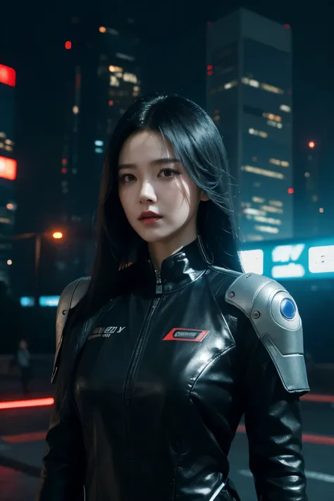 a woman, black hair, long hair, korean, shiny dress, cyberpunk, futuristic city, ((masterpiece)), ((best quality)), cyberpunk style, detroit become human style.