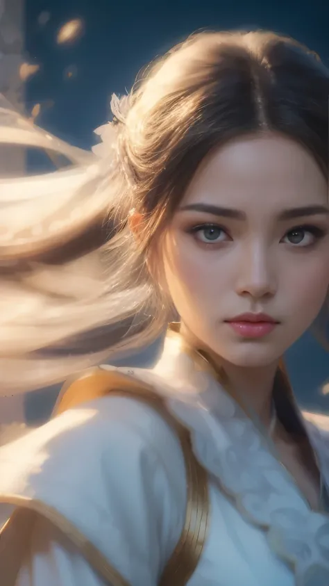 Close-up of a woman with a sword in a white dress, Ian Jay character portrait, trending cgsociety, fantasy art, beautiful drawing of the characters, artwork in the style of Gouvez, Gouvez, white hanfu, flowing white robes, Whole body wuxia, epic exquisite ...