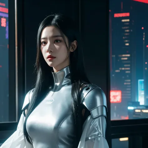 a woman, black hair, long hair, korean, shiny dress, white dress, cyberpunk, futuristic city, ((masterpiece)), ((best quality)), cyberpunk style, detroit become human style.