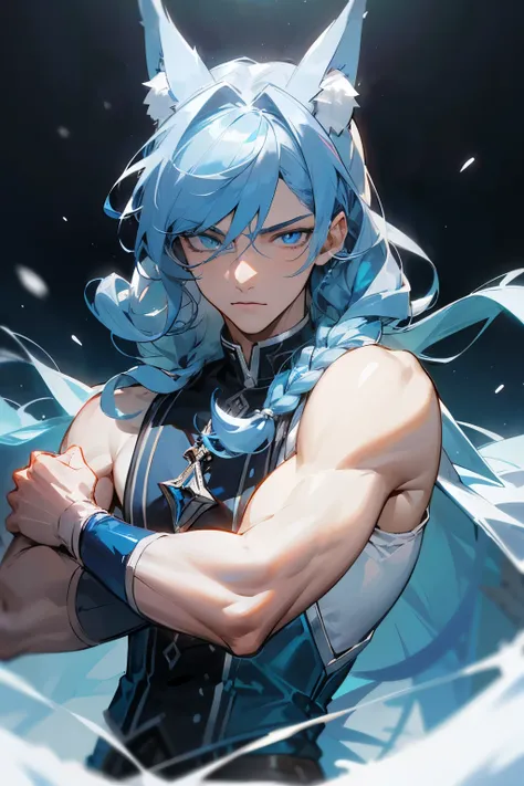 (1Male), tall, (handsome), athletic build, pale skin, (dark blue hair and white curls:1.4), long and disheveled hair, blue wolf ears, bright blue eyes, narrow pupils, (predatory pupils:1.2), white clothes, (blue shiny long locs:1.3), shiny blue clothing it...