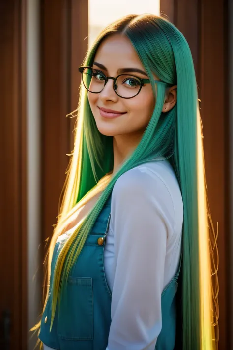 Beautiful smiling girl, with big turquoise eyes gleaming behind glasses, long straight green hair cascading down her back, wearing an orange top that reveals her bellybutton. The scene is captured in a long shot, allowing the viewer to fully appreciate her...