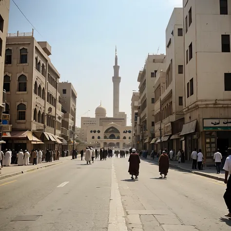 A landscape image of makkah, a sight in broad daylight pedestrians heading to the mosque, a cinematic scene 