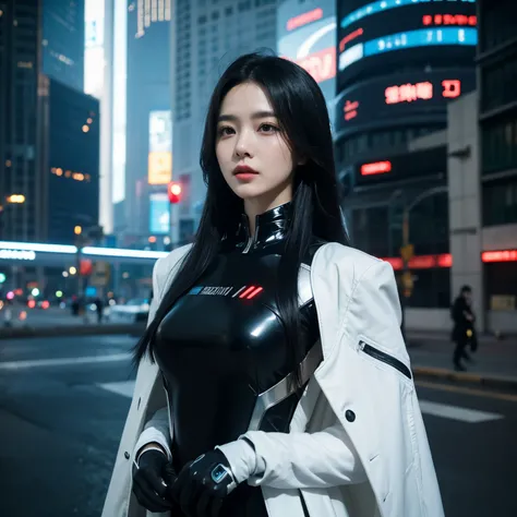 a woman, black hair, long hair, korean, shiny dress, white dress, cyberpunk, futuristic city, ((masterpiece)), ((best quality)), cyberpunk style, detroit become human style.