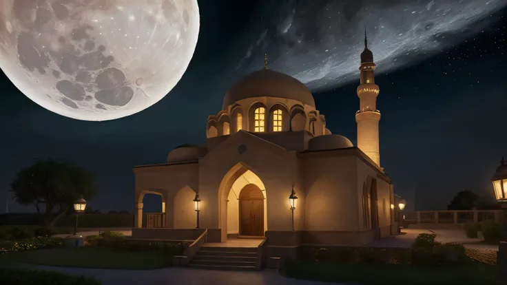 Best quality, masterpiece collection, lanscape, arabian lantern, open bible, mosque, moon, stars ultra detailed art, super detailed, 24K Ultra high definition resolution, glowing and shining lit effects, rendered by Nvidia RTX