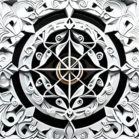 desenho de uma mandala com simbolos dos chakras dentro com a cor off white, desenho de nanquim, papel, preto e preto