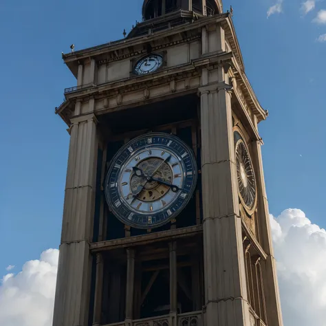 A portrait image of a big clock tower, its top reaching into the clouds as it glows in vroad daylight 