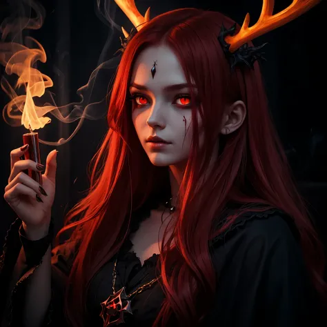 dark, unholy, evil, astral, creepy style, undead, mystical, nice perfect face with soft skin, young beautiful girl portrait on fire, mist, night, long red hair, smoking, glowing red eyes, red glow, antlers, fire