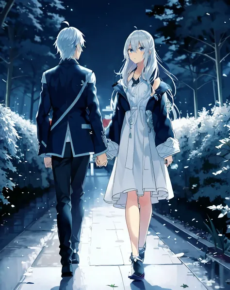 A white-haired boy and a black-haired girl are walking home through a moonlit forest., Nightcore, anime rush john 8k forest, 4Kanime wallpaper, anime art wallpaper 8k, anime art wallpaper 4k, anime art wallpaper 4k, kaworu nagisa, Beautiful peace scenes in...