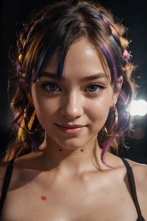 girl, multicolored hair, ringlets, hairband, headphones, rolling eyes, happy tears, glowing eyes, hoop earrings, makeup, light smile, naughty, happy, modern, Minimalism, anime, high detail, depth of field, cinematic lighting, glowing light, backlighting, d...