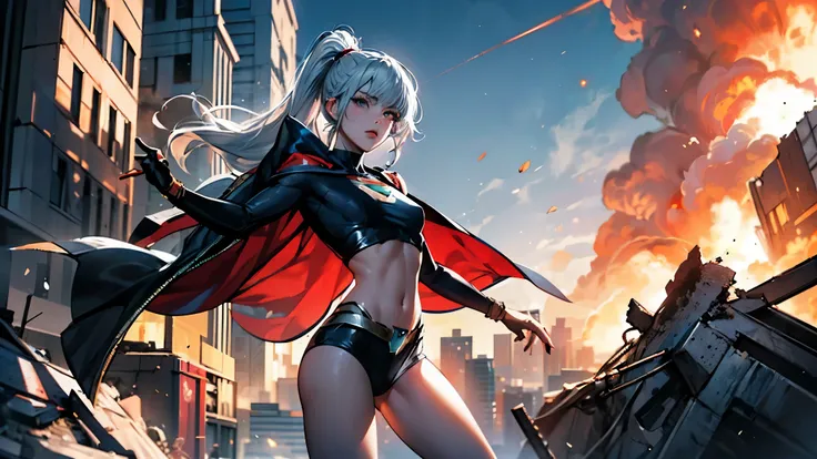 1girl, solo, action shots of female, blonde hair in a ponytail, ((wearing a skimpy revealing black and silver version of the evil superman suit man of steel)), skirt, no pants, skirt blowing in the wind revealing visible vagina, 
 small breasts, boob windo...