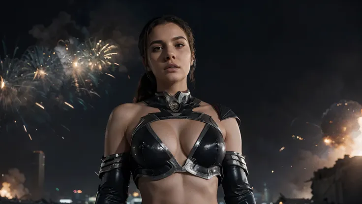 1girl, solo, action shots of female, blonde hair in a ponytail, ((wearing a skimpy revealing black and silver version of the evil superman suit man of steel)), small breats, boob window, (explosions in the background a city in ruins), Style-BladeRunner2049...