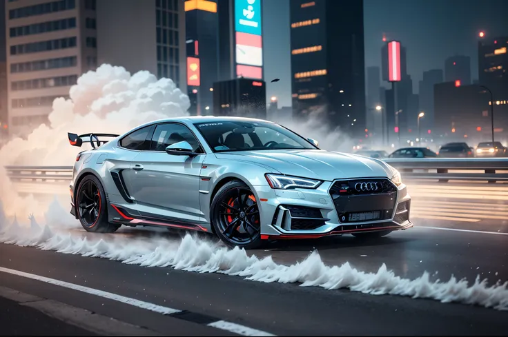 Um carro futurista AUDI armado corre pela pista molhada e reflexiva, Spreading water on all sides of a cyberpunk city. The city is full of neon lights, nevoeiro e alto, angular buildings. The car is silver gray and has an aggressive and elegant appearance....