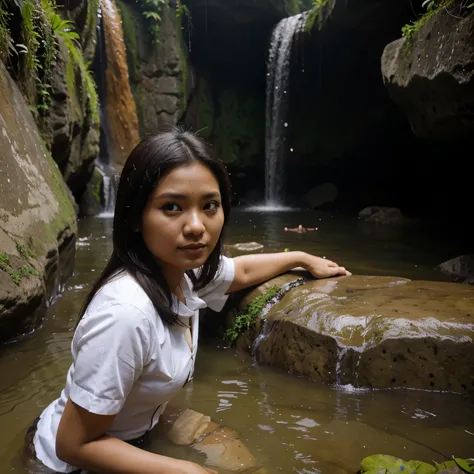 Wanita Indonesia tanpa busana di air terjun