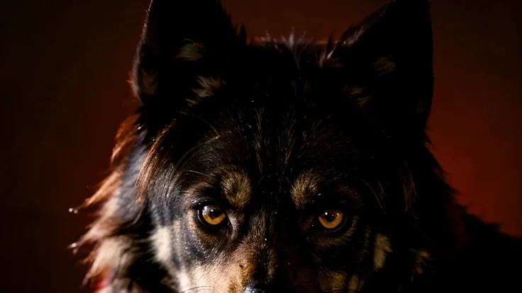 dark wolf, in light red an yellow, dark background