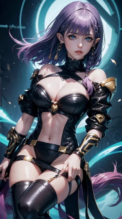 estilo garota de league of legends, uma mulher com cabelo roxo, mulher cyberpunk mulher anime, potas, deusa cyberpunk raivosa bo...