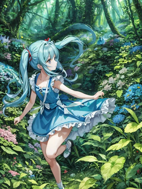 alice in wonderland　light blue long hair　Beautiful girl with twin tails　In the dense forest　running　lots of beautiful flowers　There are many animals　Trump Dances