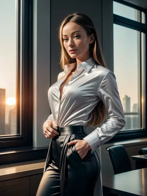 Olivia Wilde as corporate CEO, grey satin formal trousers, ((satin white shirt:1.25)), open unbuttoned coat, open hair, seductive pose infront of a highrise window, sunset scene, hourglass figure, fit, seductive face, look at camera and wink, soft volumetr...