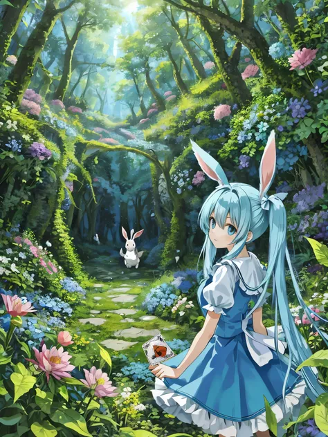 alice in wonderland　light blue long hair　Beautiful girl with twin tails　Long rabbit ears　running through a dense forest　lots of beautiful flowers　There are many forest animals　playing cards are flying