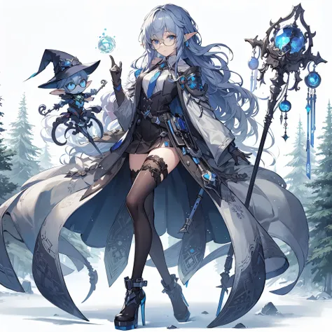 (masterpiece, Best Quality), (Perfect athlete body:1.2), (detailed hairs), Ultra-detailed, Anime style, Full body, Solo, cyberpunk elf woman, Scholarly looking, blue-gray hair and sapphire eyes, wearing sorcerers robes, staff and glasses, blue mechanical m...