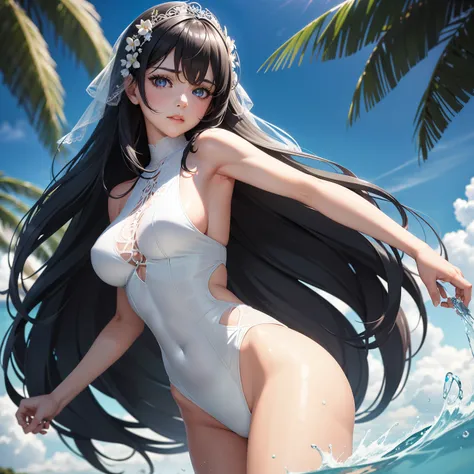 Anime character with a beautiful, intricately detailed face and sliver eyes, looking directly at the viewer with an expression of intensity. Her long, black hair cascades down her shoulders in soft waves, framing her elegant features. She wears a white, hi...