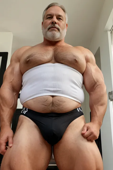 age 60, chubby muscle white man, black suit, daddy, hairy bear belly, big bulge wet pants
