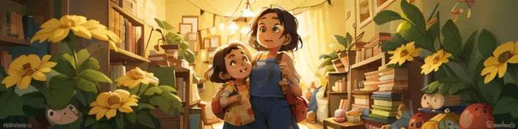 mude as personagens de ambiente, mother and daughter inside a room , quarto de , quarto com cama, criado mudo, prateleiras, livros e brinquedos, (((quarto de )))