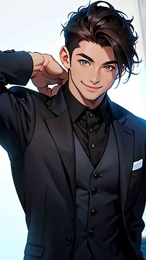 young guy, athletic build, ((Dark hair)), short hair, dark eyes, Kind smile, suit, Bust, (((Good quality))), (((Best quality))), kind guy, bright smile