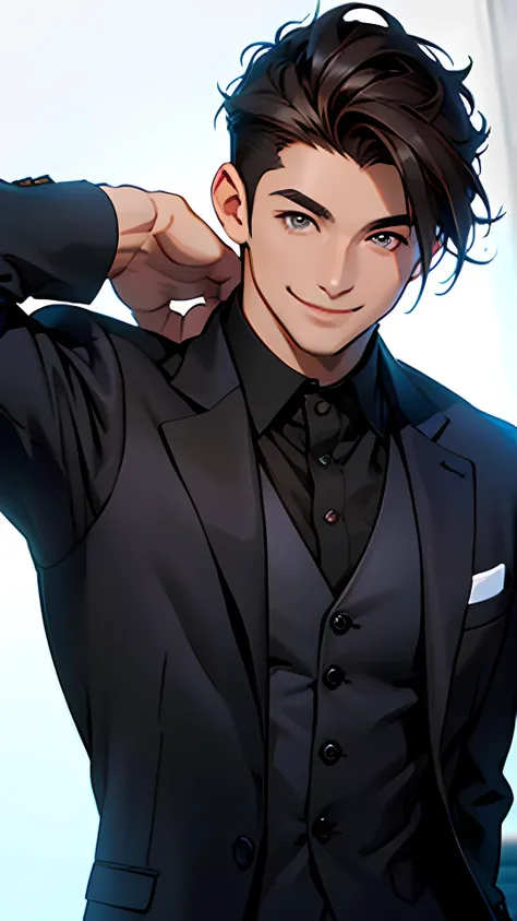 young guy, athletic build, ((Dark hair)), short hair, dark eyes, Kind smile, suit, Bust, (((Good quality))), (((Best quality))), kind guy, bright smile