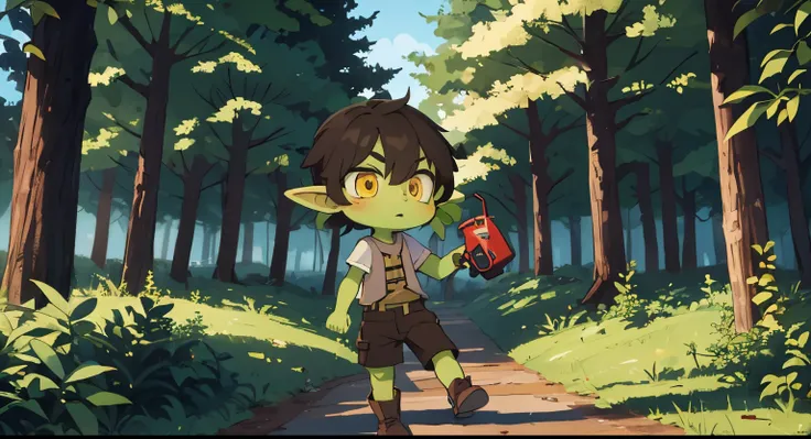 boy, goblin, green skin, yellow eyes, dark hair, T-shirt, light brown vest, dark brown shorts,  black boots, slingshot in hands, standing on one leg