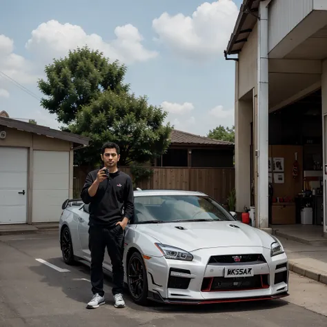 Selfie cat with Nissan Skyline GTR 34 in the background
