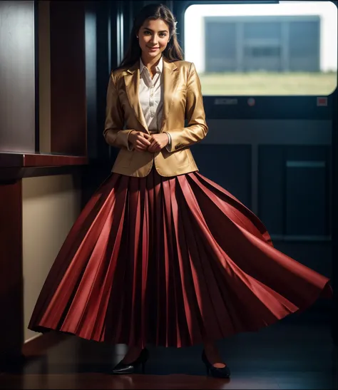 A smiling, authentic, (shy:1,3), kind, beautiful woman, completely alone in an empty space station, in love with her skirt, standing while wind lifts her skirt, wearing short blazer and very very detailed (long (fully pleated) full circle skirt) and (simpl...