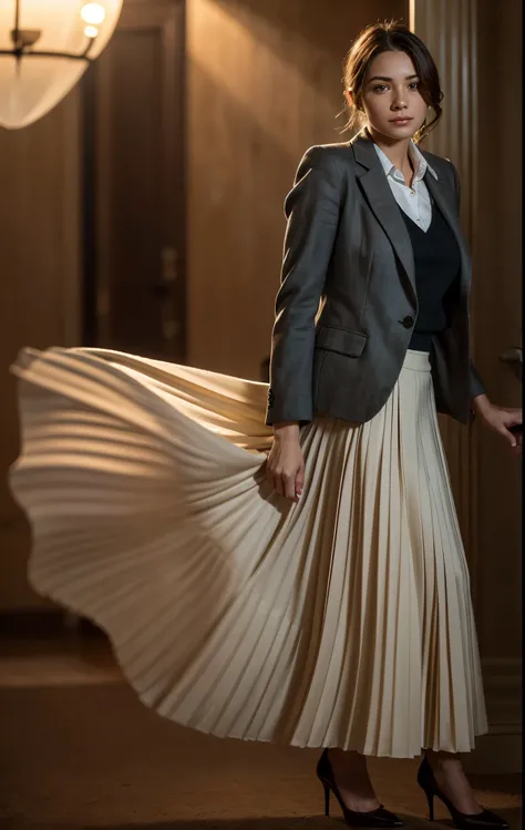 A smiling, authentic, (shy:1,3), kind, beautiful woman, in love with her skirt, while wind lifts her skirt, wearing short blazer and very very detailed (long (fully pleated) full circle skirt) and (simple) low heeled office shoes, very very intricate hyper...