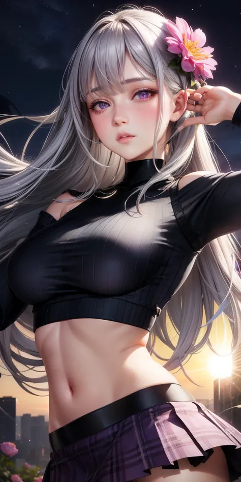 realistic, 1 girl, gray hair, purple eyes, shining eyes, crop top, skirt, parted lips, blush, night, flowers, sun, sunlight,