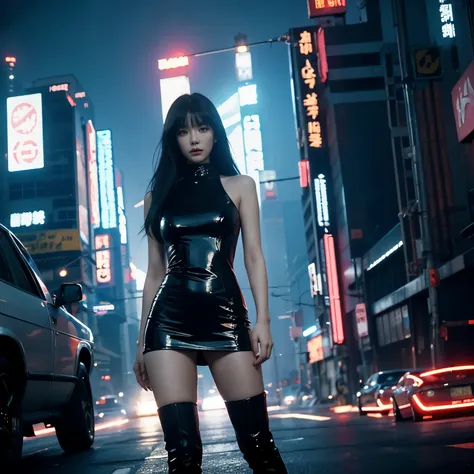 a woman, black hair, long hair, Korean, shiny dress, cyberpunk, futuristic city, 1987 film, masterpiece, best quality, blade runners style, cyberpunk city, realistic, 4D cinema.