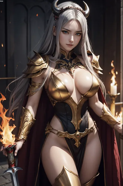 8K、赤いChest armor with flame motif,A bewitching succubus wearing luxurious red armor.,Super beautiful(like the real thing)、Long skirt with a luxurious red flame motif,Arafed woman taking a photo with sword and armor、Beautiful wavy silver hair、big and full b...