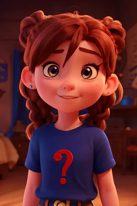 close to the face Frontal 12 years old in a dark blue shirt with a large, centralized red question mark, pixar style, brown hair and eyes with two braids and buns like sailoor moon, with red bows and red question mark earrings, pixar