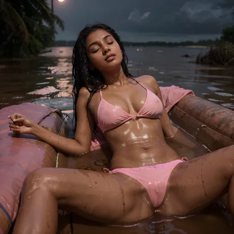 beautiful indian girl 18 years lying on life raft, wet pink bikini pulled above small breasts, pink sheer panties, eyes closed, dark skies, rain, moon light, small breasts showing, muddy water