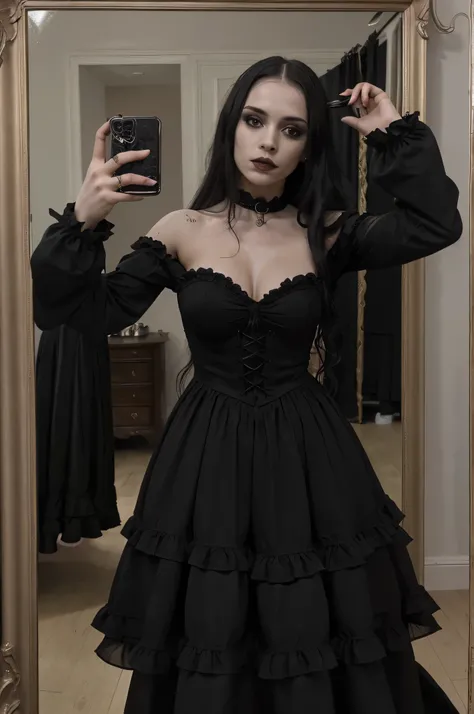 there is a woman taking a selfie in a mirror, an album cover by Nándor Katona, reddit, gothic art, wearing a gothic dress, gothic outfit, 1 7 - year - old goth girl, she is wearing a black dress, wearing modern gothic clothes, gothic dress, gothic horror v...